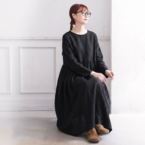 フリーサイズ レトロ ゆったり ロング丈 着回し カジュアルワンピース フリー ブラック