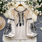 フリーサイズ レトロ 刺繍 ゆったり きれいめ リボン付き ふんわり袖 秋向け シャツ フリー ブラック