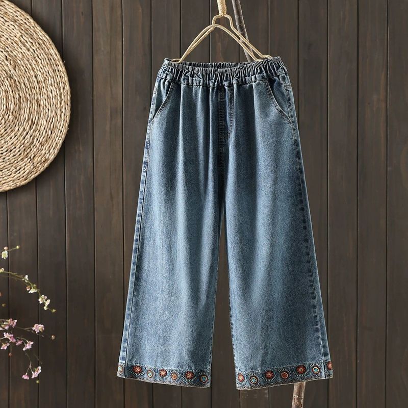 M-2XL 新作登場 刺繍 8分丈 レトロ ジーンズ M 写真と同じ