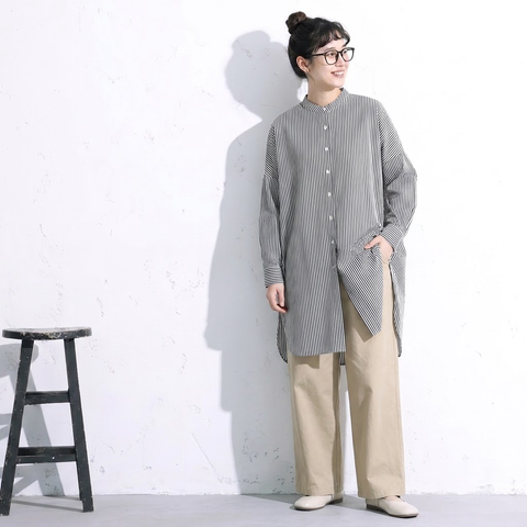【軽やか】M-2XL  ボタン ストライプ柄 長袖 落ち肩スリーブ 森ガール シャツ M 写真通り