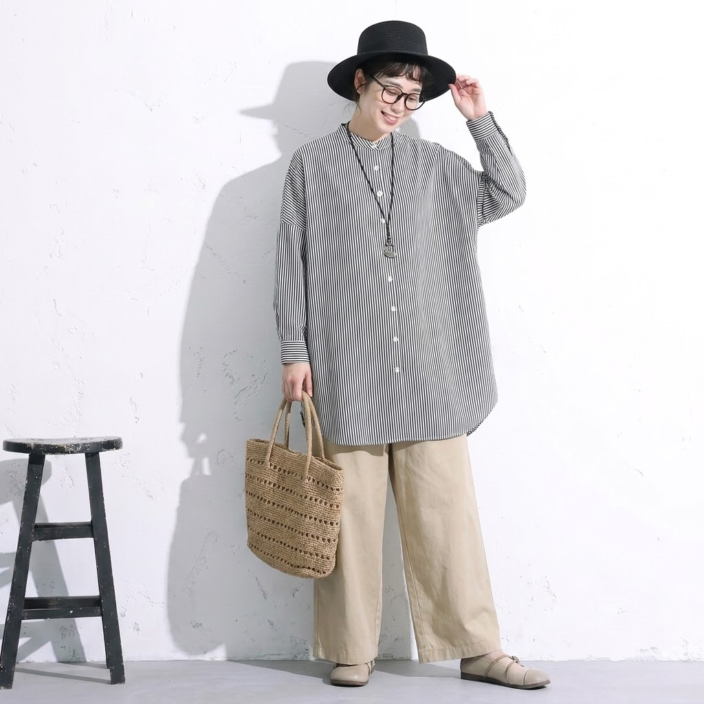 【軽やか】M-2XL  ボタン ストライプ柄 長袖 落ち肩スリーブ 森ガール シャツ M 写真通り