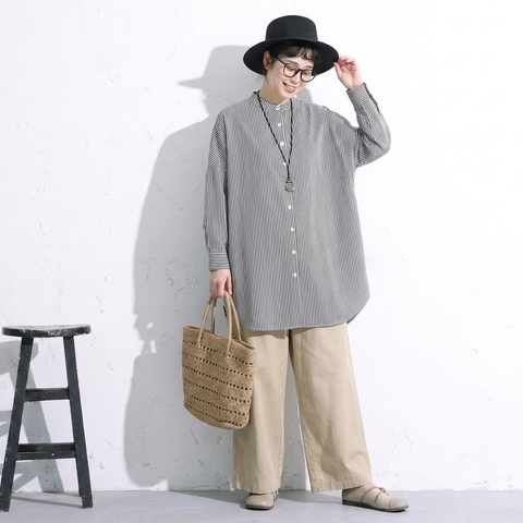 【軽やか】M-2XL  ボタン ストライプ柄 長袖 落ち肩スリーブ 森ガール シャツ M 写真通り