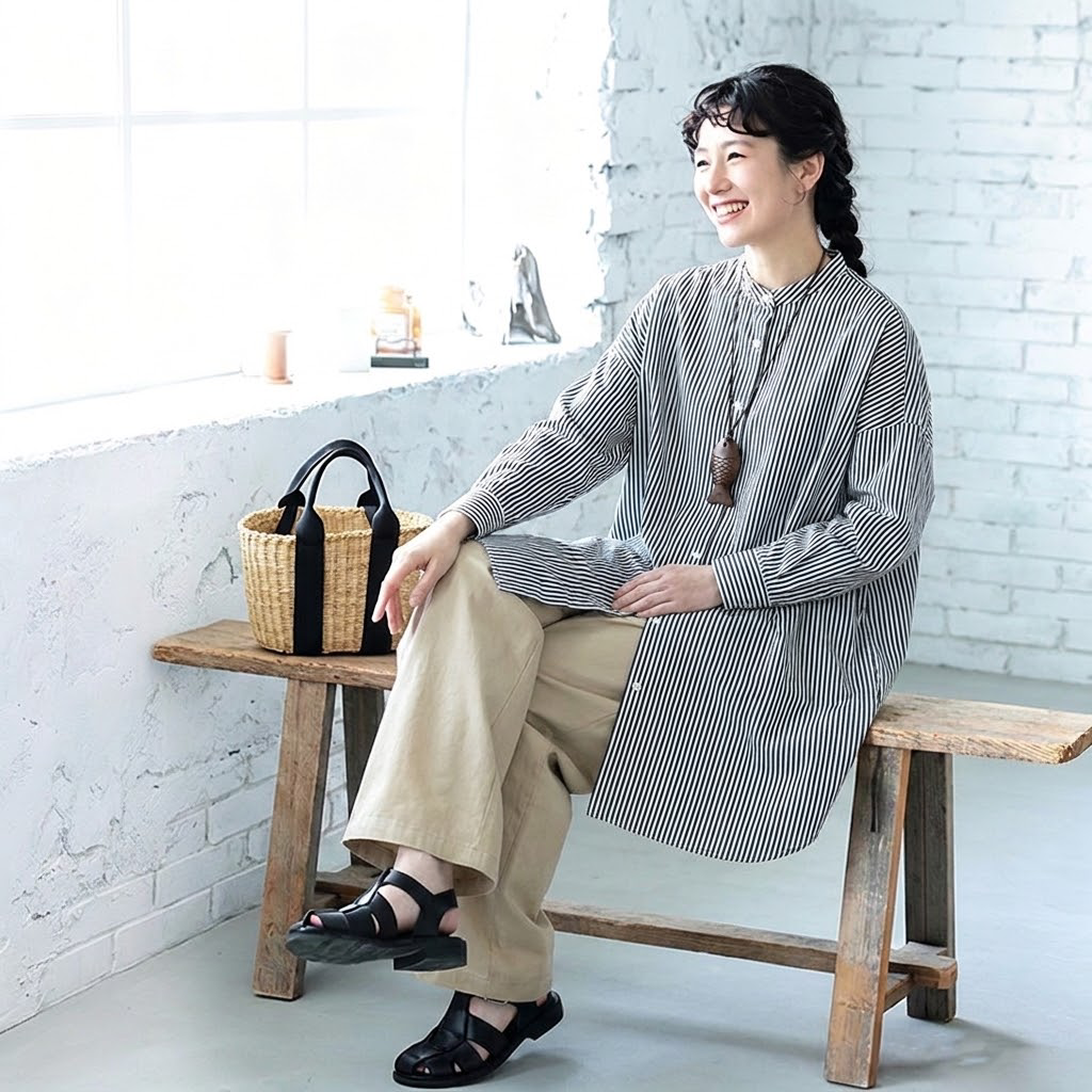 【軽やか】M-2XL  ボタン ストライプ柄 長袖 落ち肩スリーブ 森ガール シャツ M 写真通り