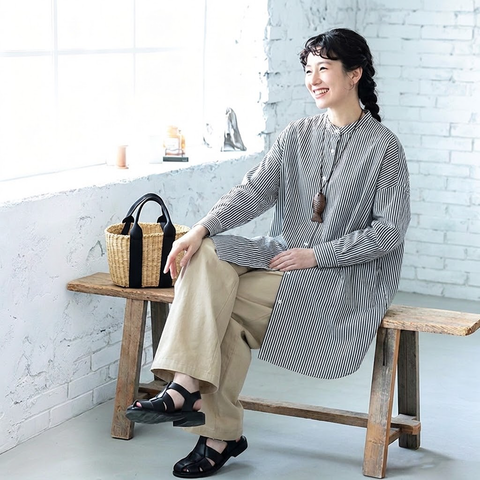 【軽やか】M-2XL  ボタン ストライプ柄 長袖 落ち肩スリーブ 森ガール シャツ M 写真通り