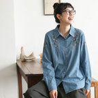 L-3XL 刺繍 折り襟 シングルブレスト レトロ 長袖 シャツ 3XL ブルー