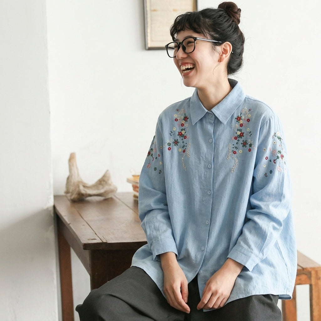 L-3XL 刺繍 折り襟 シングルブレスト レトロ 長袖 シャツ L ブルー