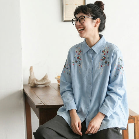 L-3XL 刺繍 折り襟 シングルブレスト レトロ 長袖 シャツ L ブルー