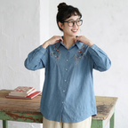 L-3XL 刺繍 折り襟 シングルブレスト レトロ 長袖 シャツ L ブルー