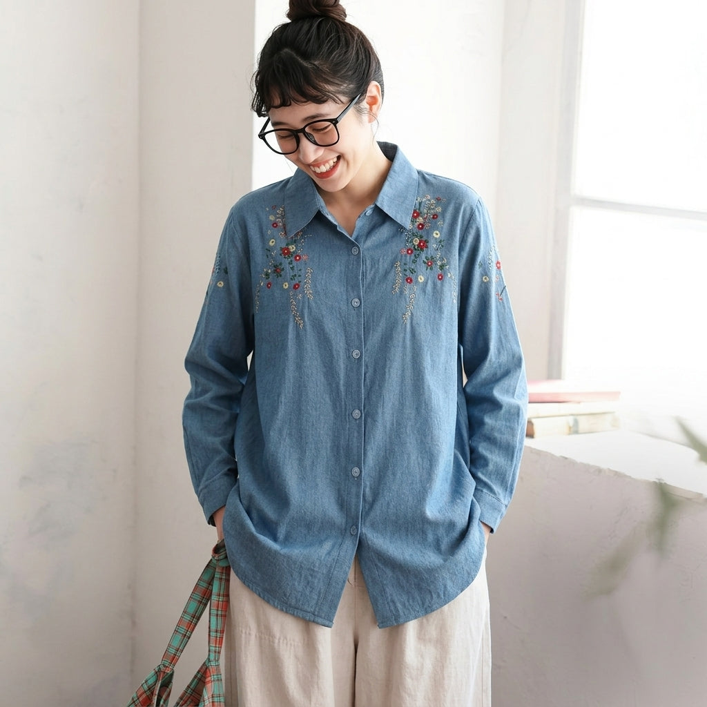 L-3XL 刺繍 折り襟 シングルブレスト レトロ 長袖 シャツ L ブルー