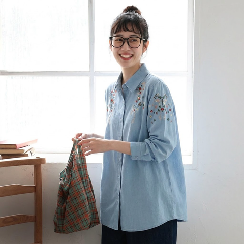 L-3XL 刺繍 折り襟 シングルブレスト レトロ 長袖 シャツ L ブルー
