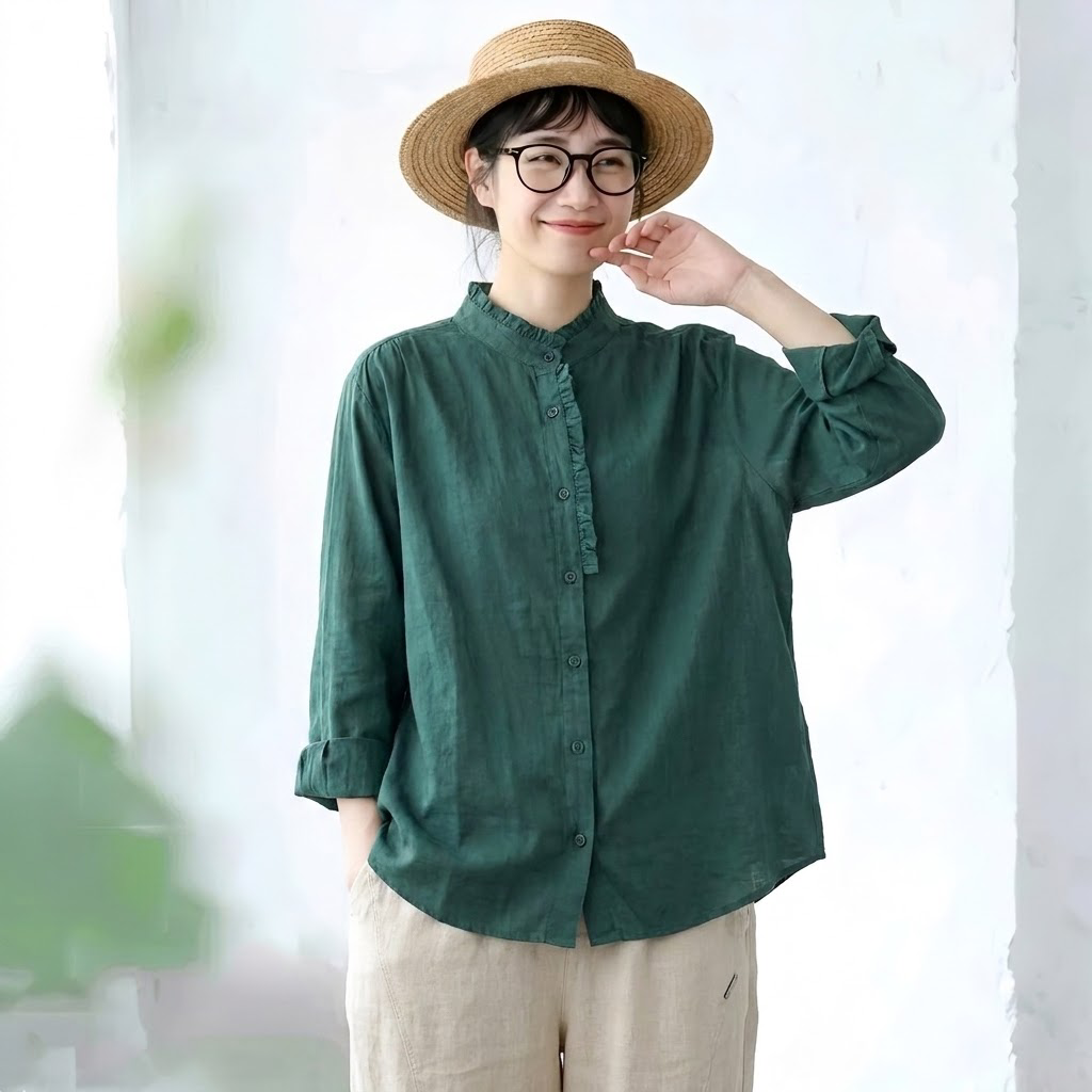 M-3XL 綿麻 甘すぎない ひらひら襟のブラウス M パープル