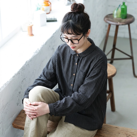 M-2XL レトロ 森ガール シングルブレスト 折り襟 ストライプ柄 長袖 シャツ 2XL ブラック