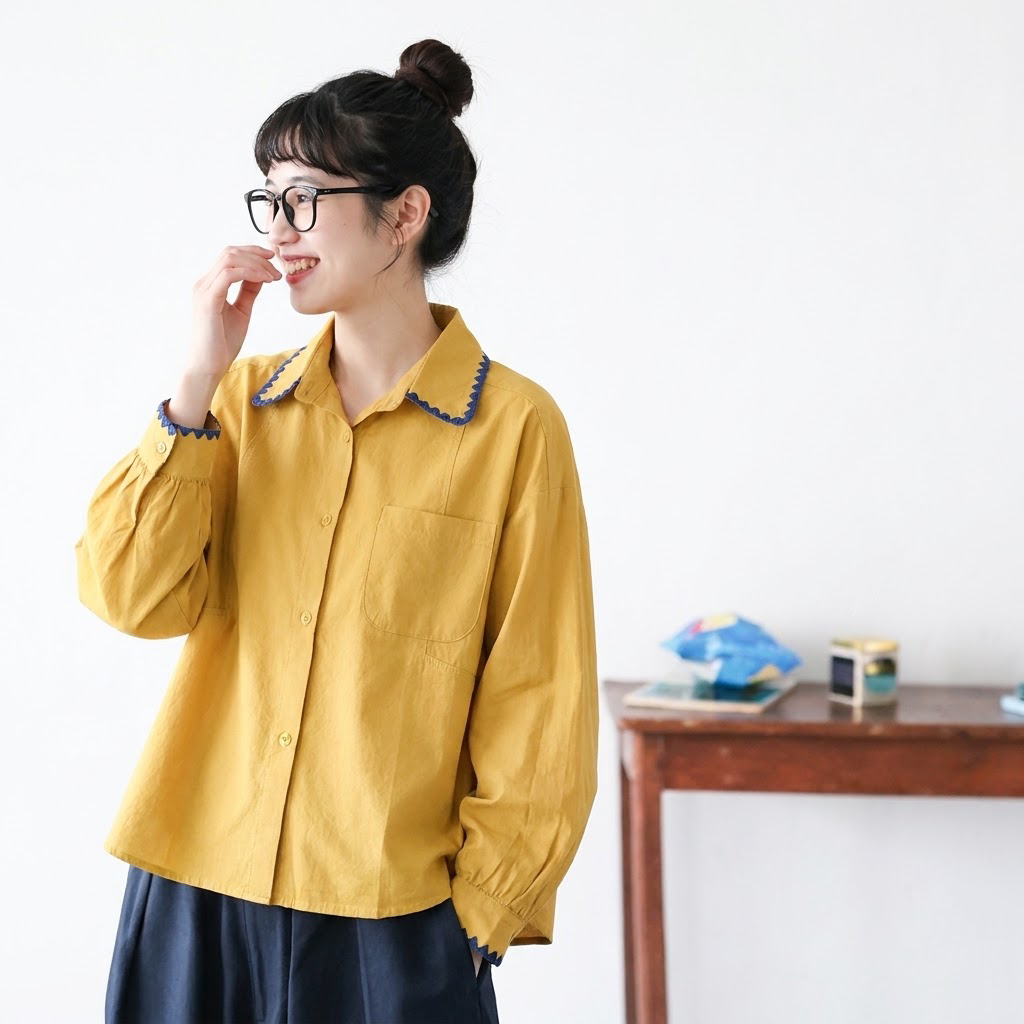 M-3XL POLOネック ファッション シングルブレスト 長袖 配色 シャツ 3XL イエロー