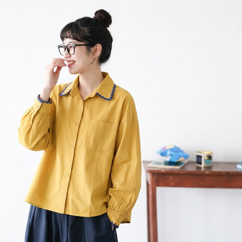M-3XL POLOネック ファッション シングルブレスト 長袖 配色 シャツ 3XL イエロー
