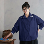M-3XL POLOネック ファッション シングルブレスト 長袖 配色 シャツ 3XL ネイビー