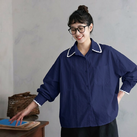 M-3XL POLOネック ファッション シングルブレスト 長袖 配色 シャツ 3XL ネイビー