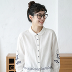 好感度UP 刺繍 森ガール パフカラー シングルブレスト 長袖 シャツ フリー ホワイト