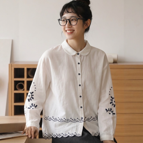 好感度UP 刺繍 森ガール パフカラー シングルブレスト 長袖 シャツ フリー ホワイト