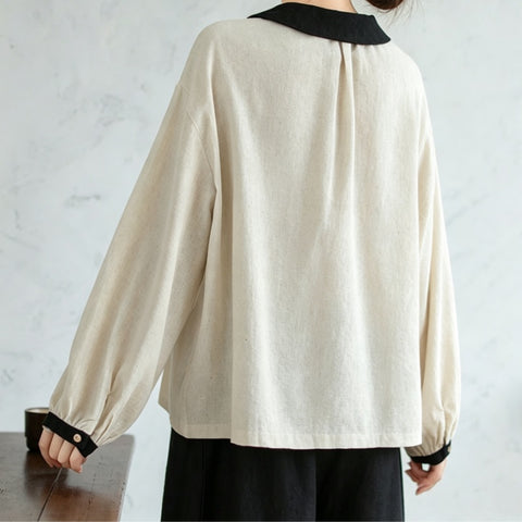 M-2XL コットン 刺繍 ノーマルスリーブ 長袖 無地 森ガール シャツ M ベージュ
