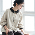 M-2XL コットン 刺繍 ノーマルスリーブ 長袖 無地 森ガール シャツ M ベージュ