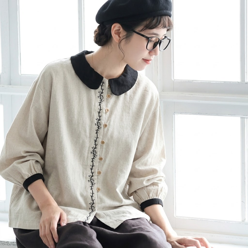 M-2XL コットン 刺繍 ノーマルスリーブ 長袖 無地 森ガール シャツ M ベージュ