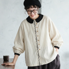 M-2XL コットン 刺繍 ノーマルスリーブ 長袖 無地 森ガール シャツ M ベージュ