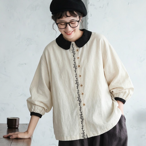 M-2XL コットン 刺繍 ノーマルスリーブ 長袖 無地 森ガール シャツ M ベージュ