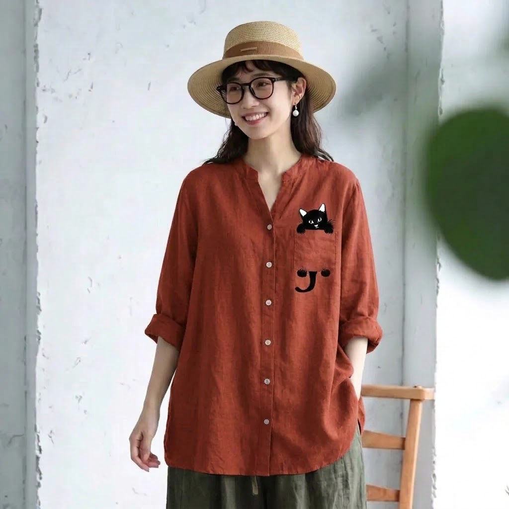 S-3XL 綿麻 Vネック 長袖 プリント 動物柄 カジュアル シャツ 3XL レッド