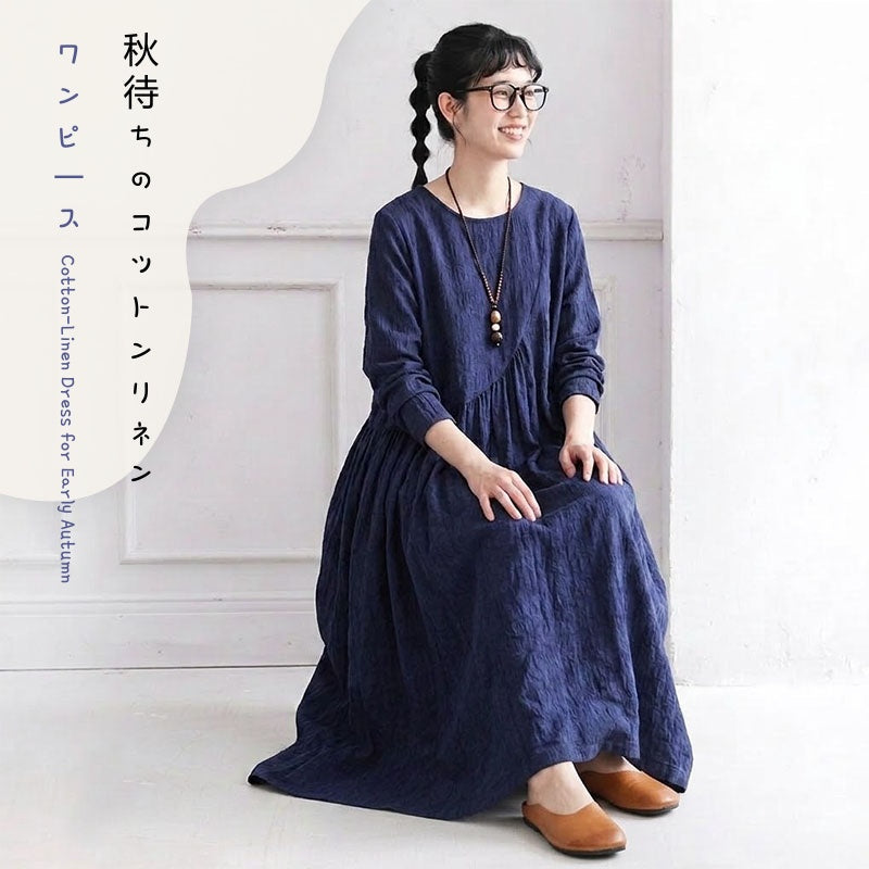 M-2XL 秋待ちのコットンリネンワンピース M ホワイト