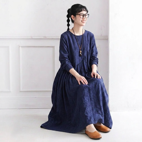 M-2XL 秋待ちのコットンリネンワンピース 2XL ネイビー