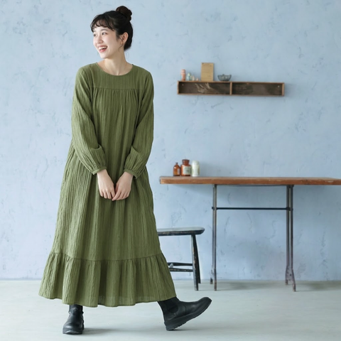 S-5XL 森ガール レトロ 無地 スリム効果 長袖 ランタンスリーブ ワンピース S ブルー