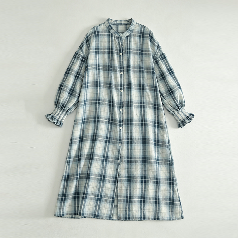 M-2XL チェック柄 ポケット付き ランタンスリーブ 森ガール ワンピース M ブルーチェック