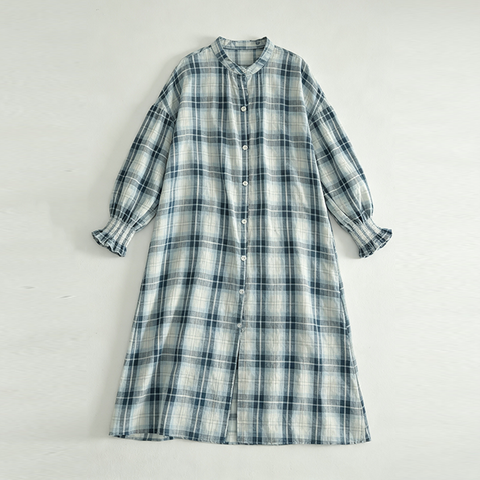 M-2XL チェック柄 ポケット付き ランタンスリーブ 森ガール ワンピース M ブルーチェック
