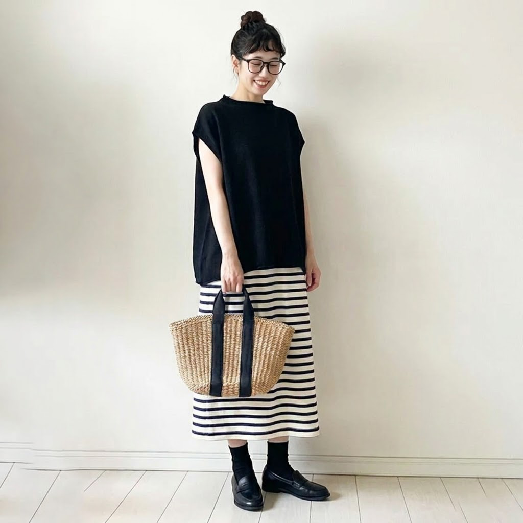 M-L 小さめタートルネック半袖トップス+スカート2点セット M ブラック/トップス+ホワイト/スカート