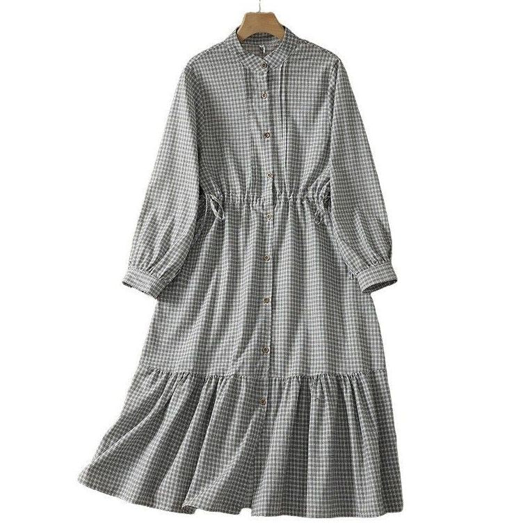 M-2XL ドローコード付き チェック柄 シングルブレスト 森ガール 長袖 ワンピース M ブルーチェック