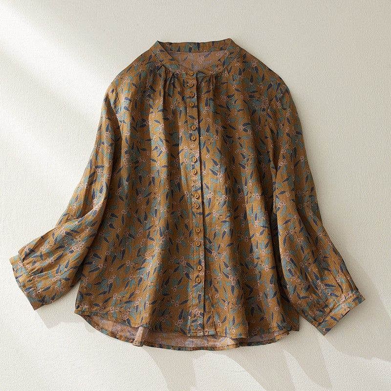 M-2XL お買い得！ プリント 花模様 長袖 シングルブレスト スタンドネック 森ガール シャツ 2XL ジンジャーイエロー