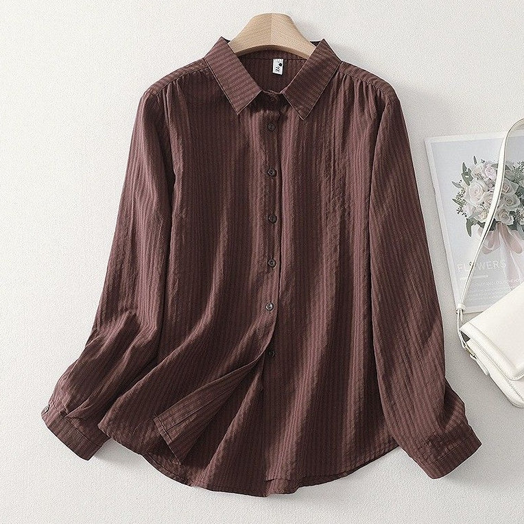L-2XL POLOネック シングルブレスト レトロ 長袖 シャツ 2XL ブラウン