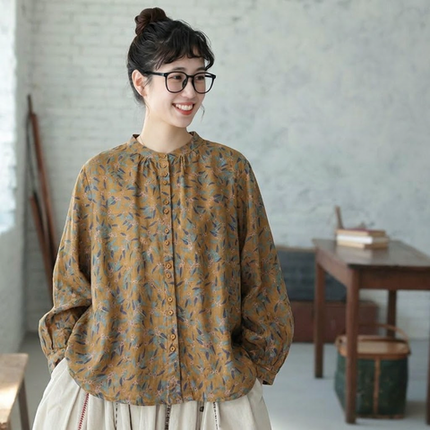 M-2XL お買い得！ プリント 花模様 長袖 シングルブレスト スタンドネック 森ガール シャツ M ジンジャーイエロー