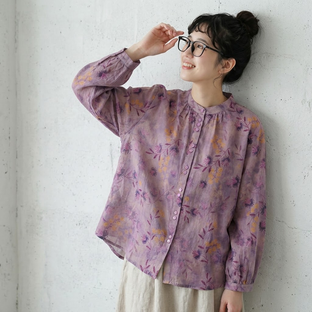 M-2XL お買い得！ プリント 花模様 長袖 シングルブレスト スタンドネック 森ガール シャツ M ジンジャーイエロー