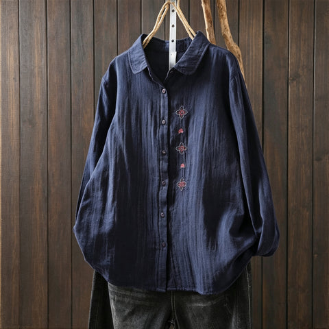 M-2XL 好感度UP 森ガール 刺繍 長袖 折り襟 シングルブレスト シャツ M ホワイト