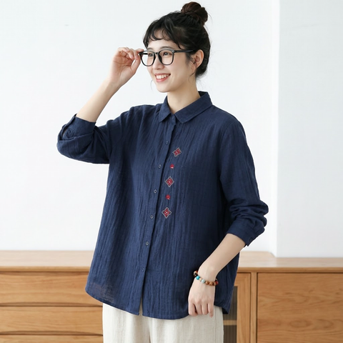 M-2XL 好感度UP 森ガール 刺繍 長袖 折り襟 シングルブレスト シャツ M ホワイト