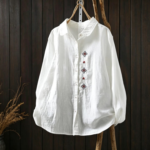 M-2XL 好感度UP 森ガール 刺繍 長袖 折り襟 シングルブレスト シャツ 2XL ホワイト