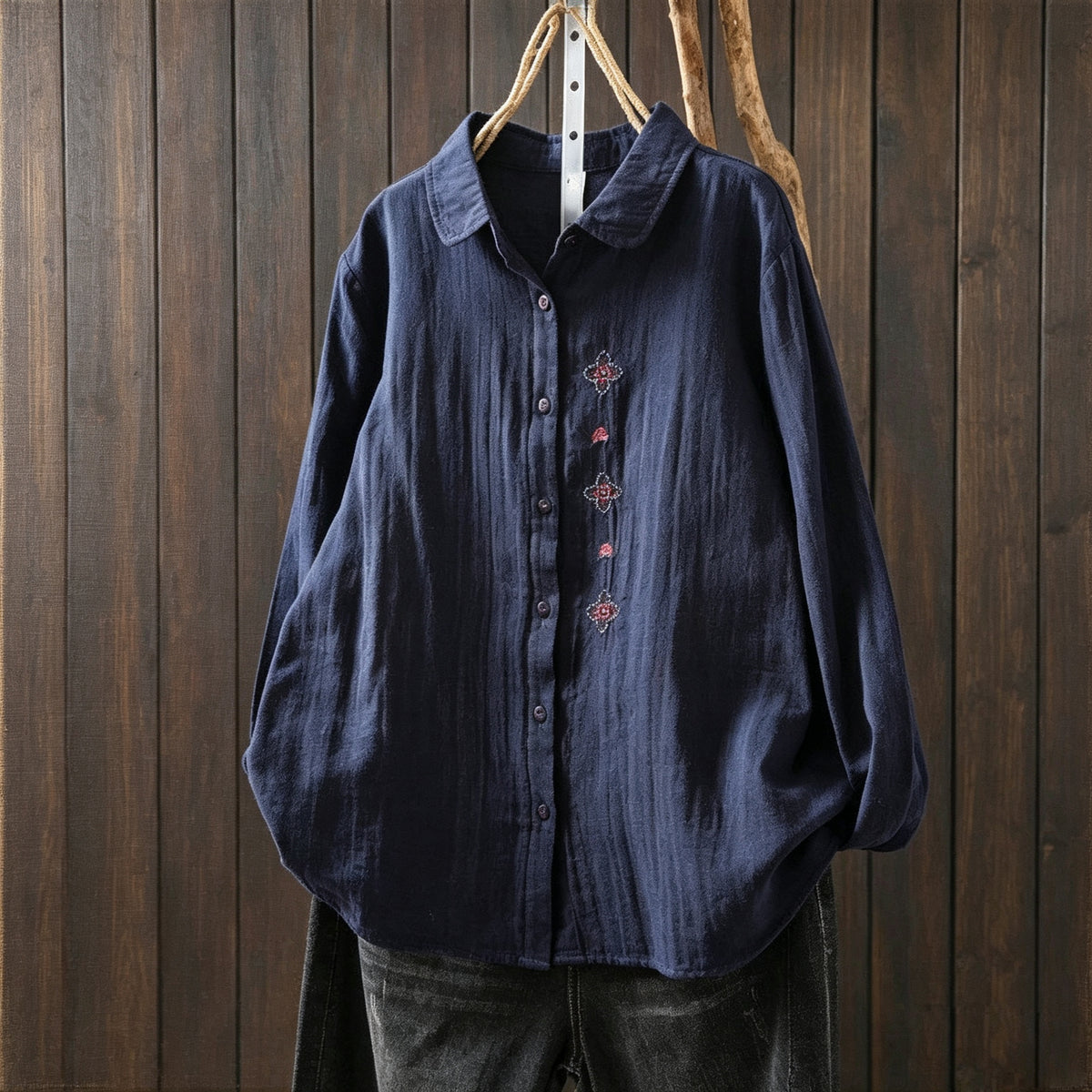 M-2XL 好感度UP 森ガール 刺繍 長袖 折り襟 シングルブレスト シャツ 2XL ネイビー