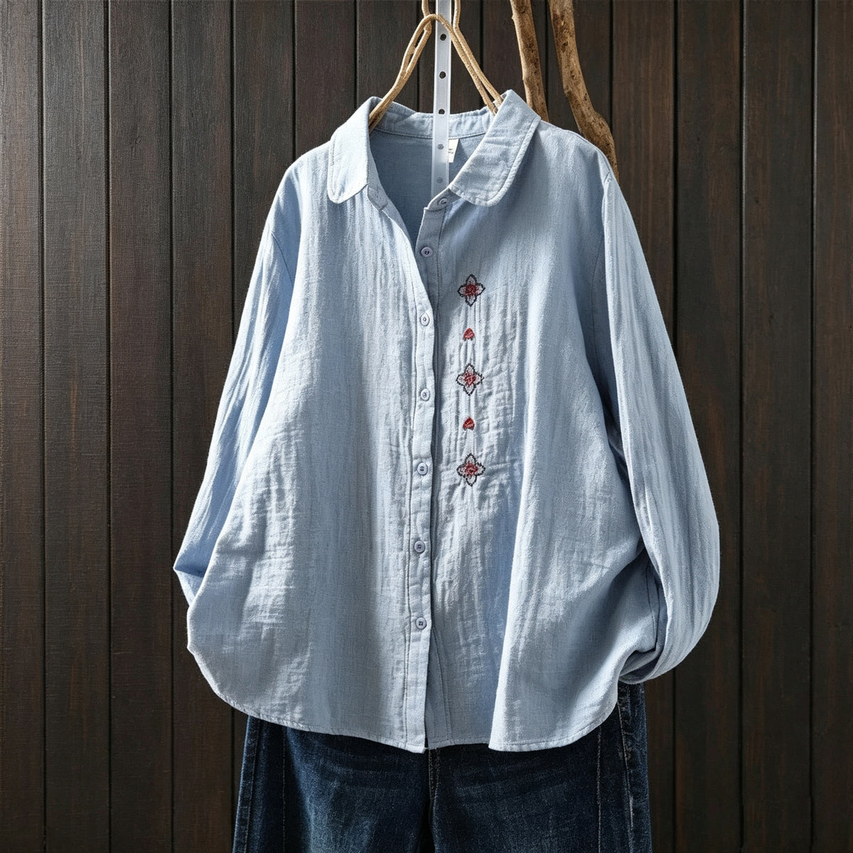 M-2XL 好感度UP 森ガール 刺繍 長袖 折り襟 シングルブレスト シャツ M ホワイト