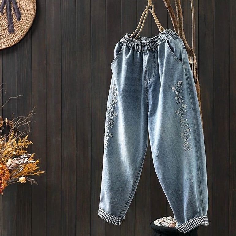 M-XL ゆったり好きの すっきり刺繍チェック柄デニムパンツ M ブルー