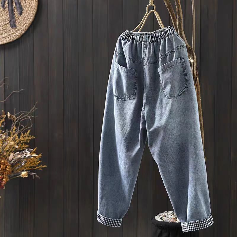 M-XL ゆったり好きの すっきり刺繍チェック柄デニムパンツ M ブルー