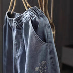 M-XL ゆったり好きの すっきり刺繍チェック柄デニムパンツ M ブルー