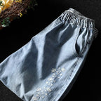 M-XL ゆったり好きの すっきり刺繍チェック柄デニムパンツ M ブルー