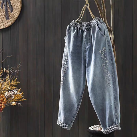 M-XL ゆったり好きの すっきり刺繍チェック柄デニムパンツ XL ブルー
