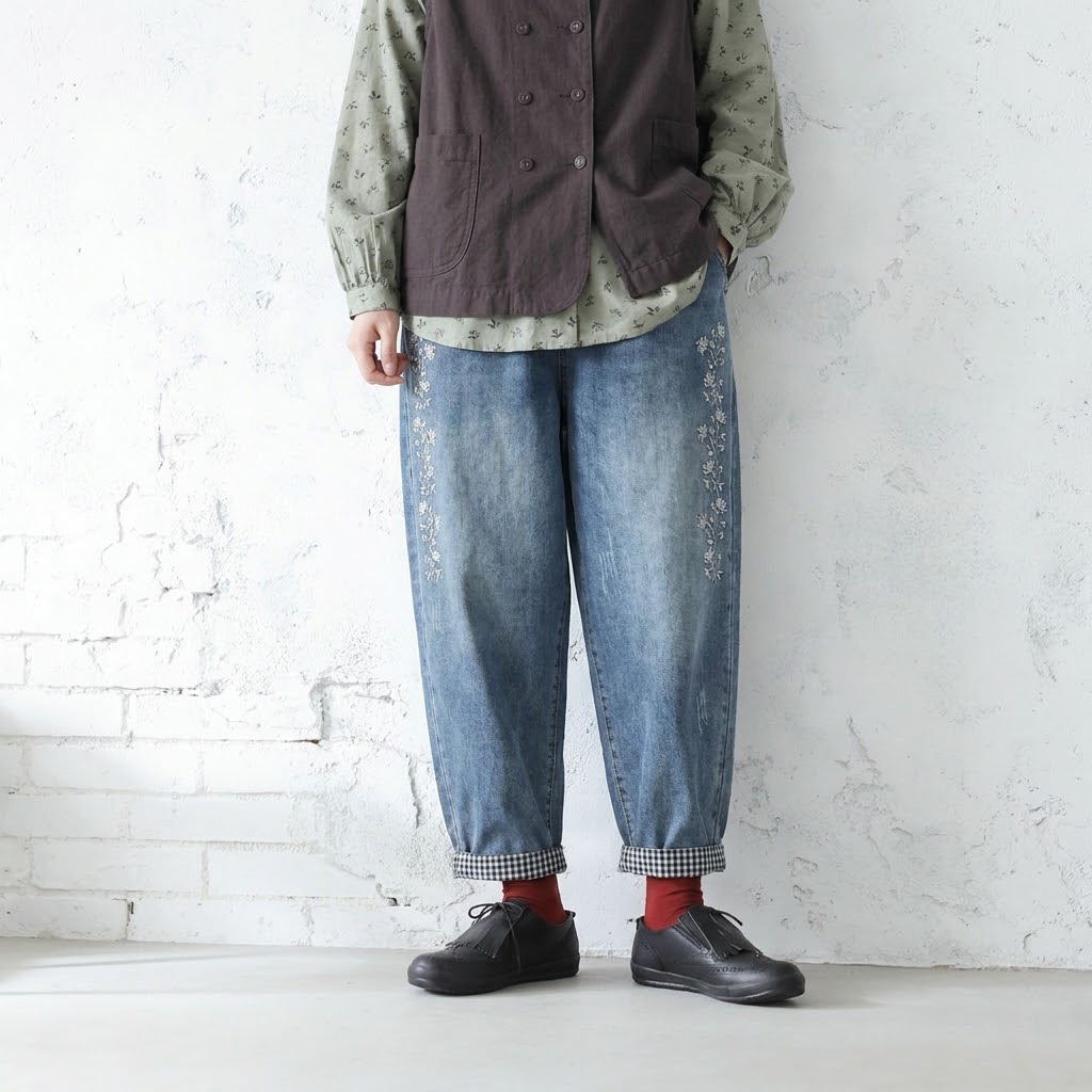 M-XL ゆったり好きの すっきり刺繍チェック柄デニムパンツ M ブルー